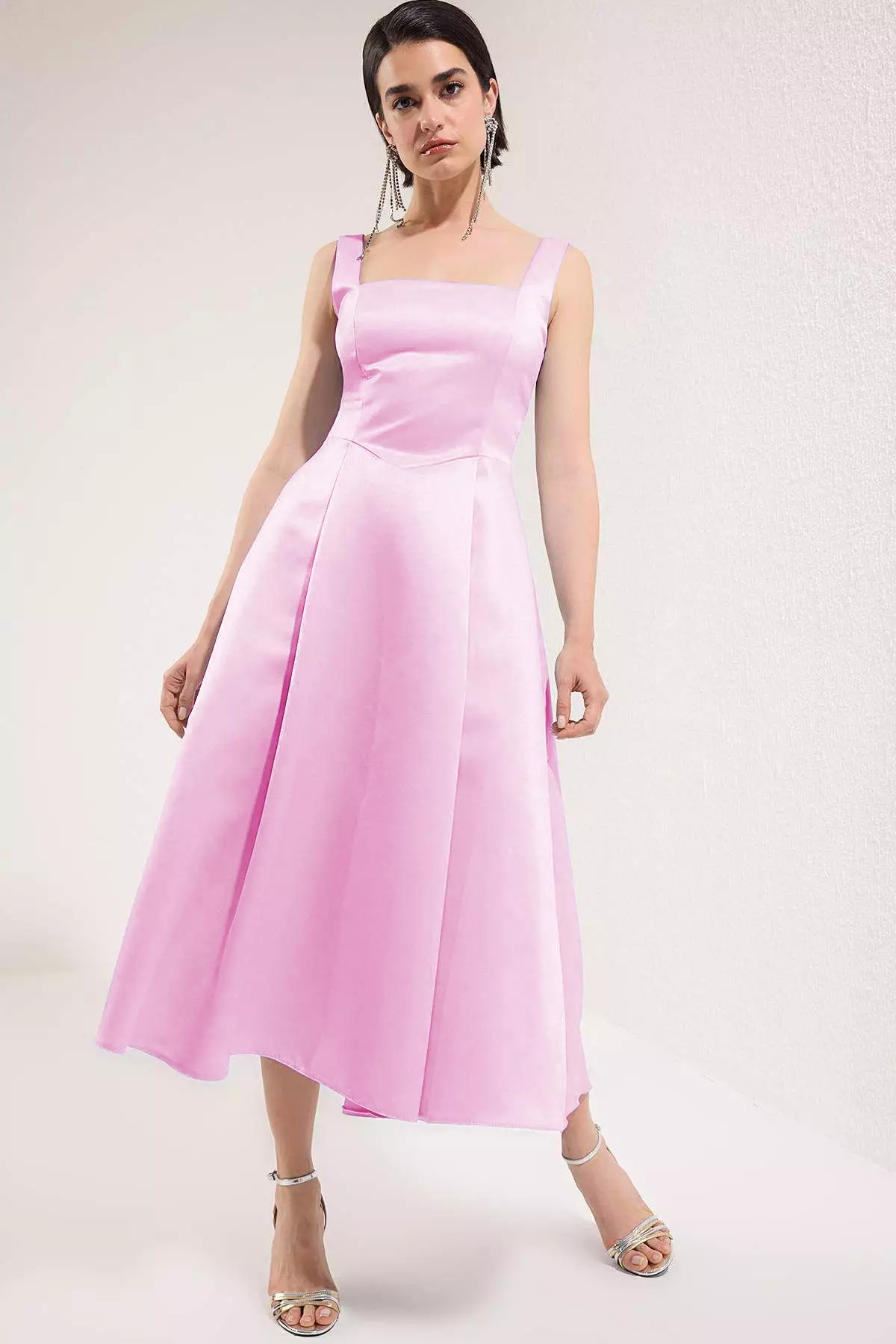 Light Pink A Line Satin Stylish Evening Dress