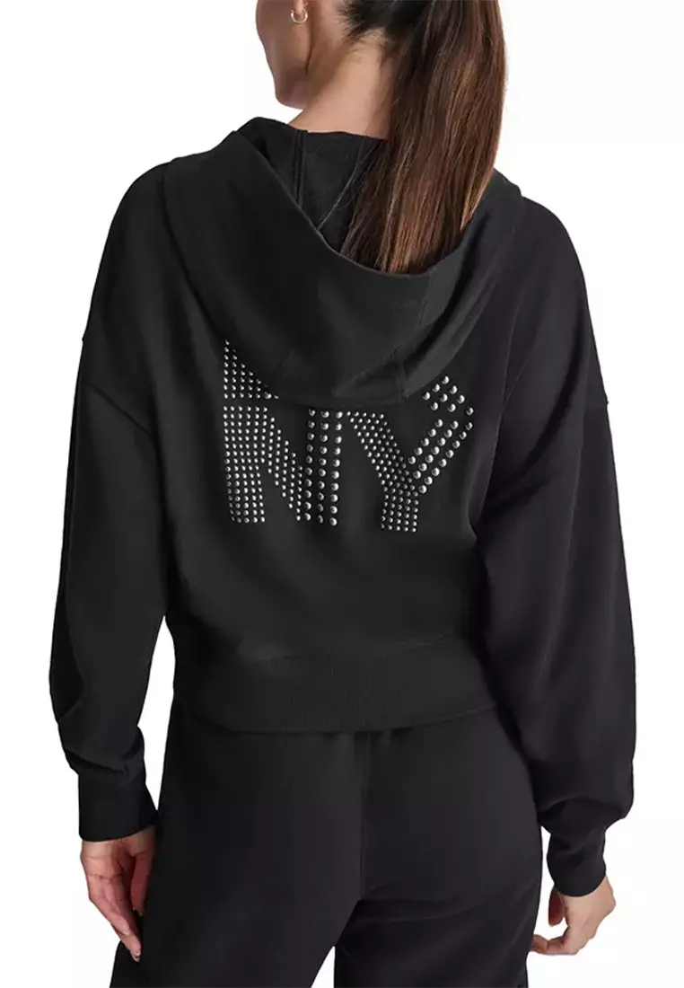 Stacked Mixed Rhinestone Stud Logo Full Zip Hoodie With Pockets