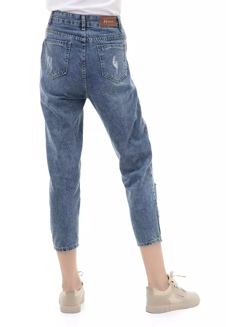 Jourel Long Pants Celana Panjang Wanita Highwaist Style Ripped Material Denim ORIGINAL - Dark Blue