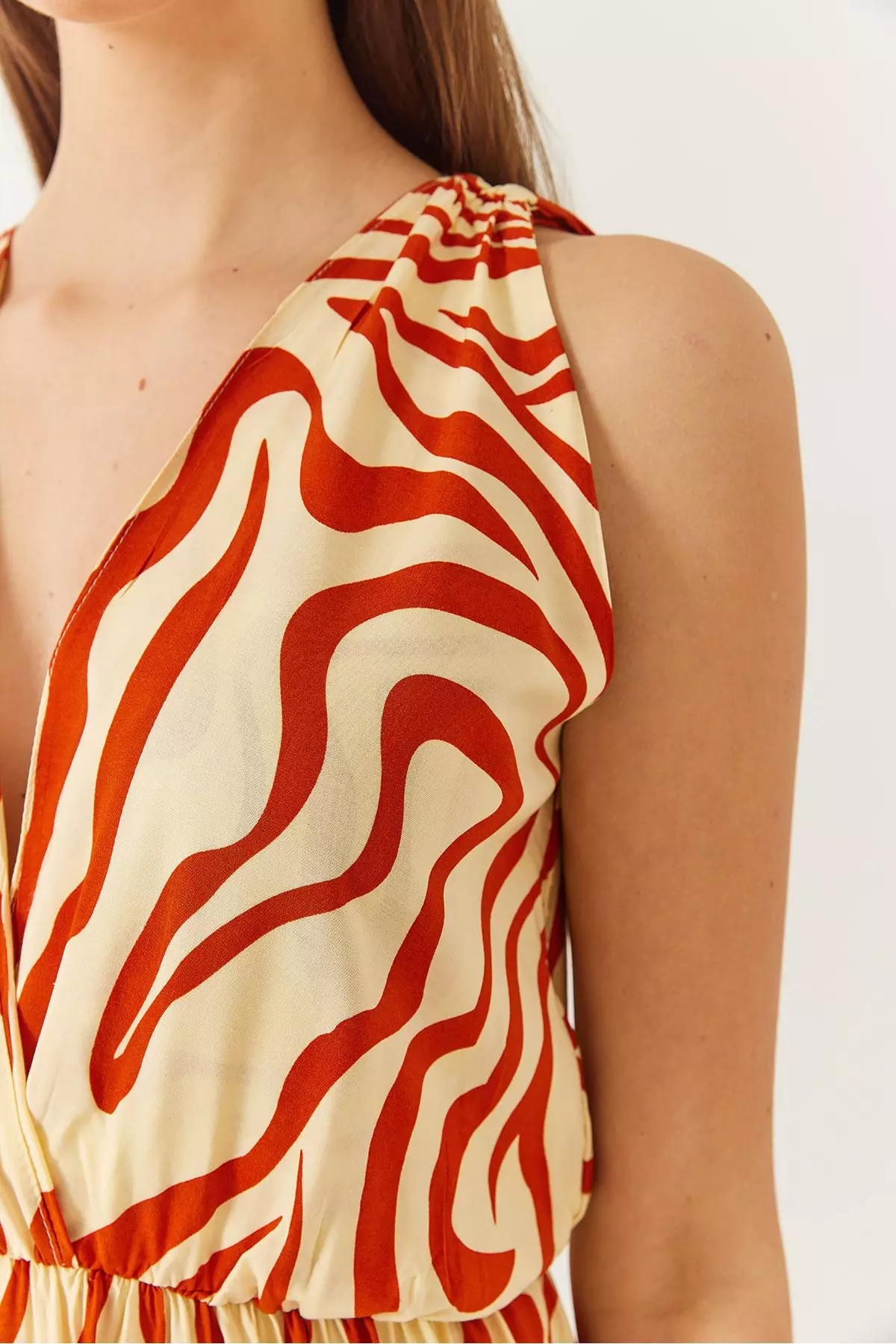 Women's Double Breasted Neckline Elastic Waist Back Rope Tie Print Dress 60261428