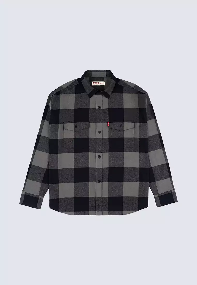 BASTIEN - BLACK GREY Kemeja Flannel Casual Pria Lengan Panjang LS - Top Man Shirt