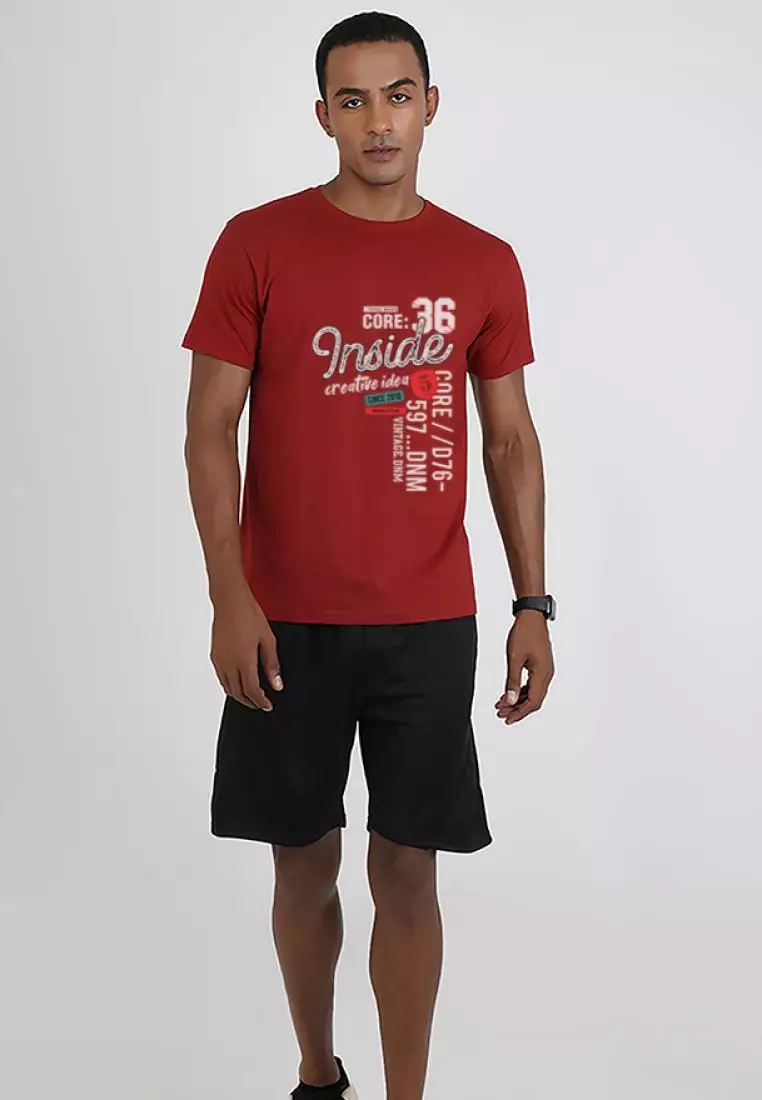 Inside Print Graphic Maroon Cotton Short Sleeve Crew Neck Relaxed Tee
