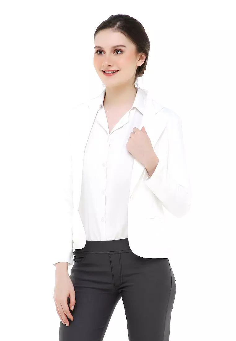 Qemsya Blazer Wanita Slim Fit Plain Suit Formal Longsleeve Material Scuba ORIGINAL - White