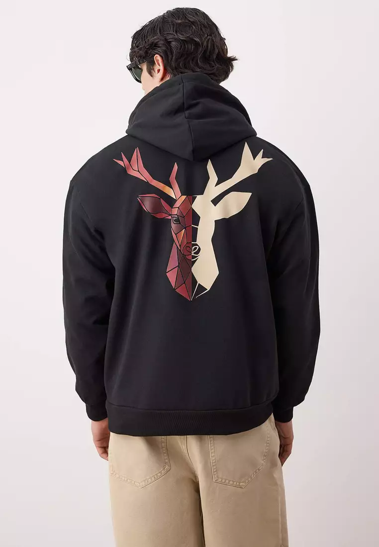 Black Oversize/Wide Cut Hooded Fleece/Warm Deer Printed Sweatshirt
