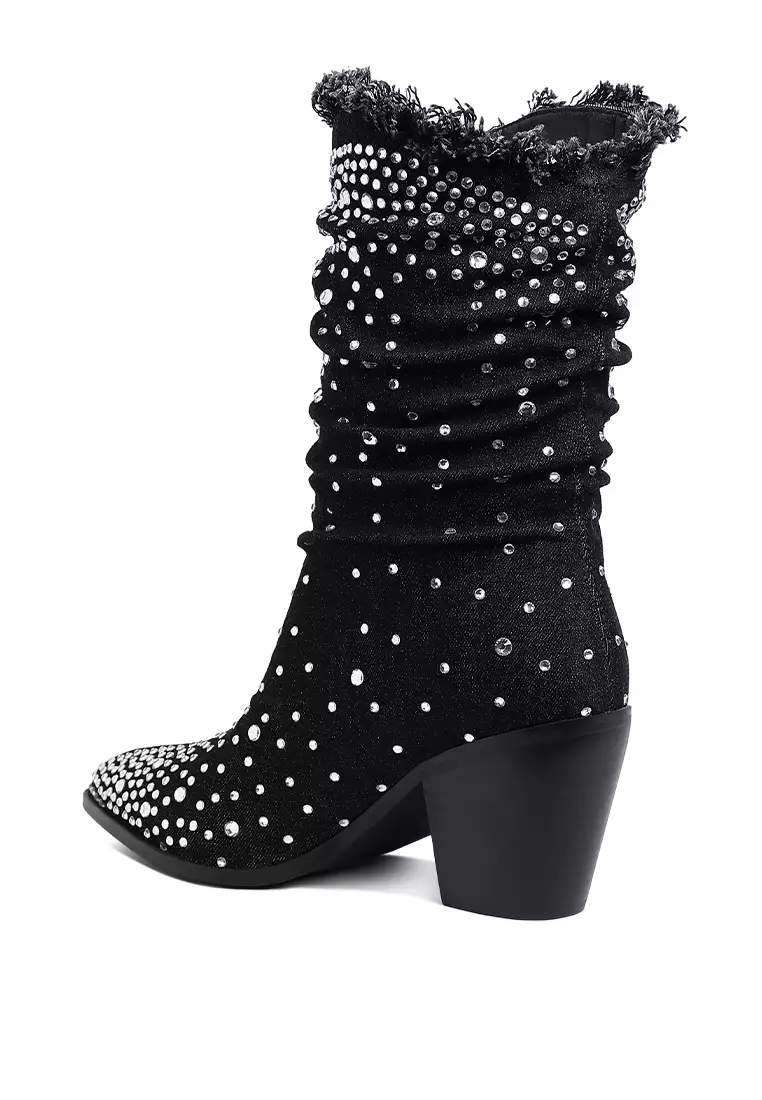 Diamante & Rhinestones Denim Boots in Black