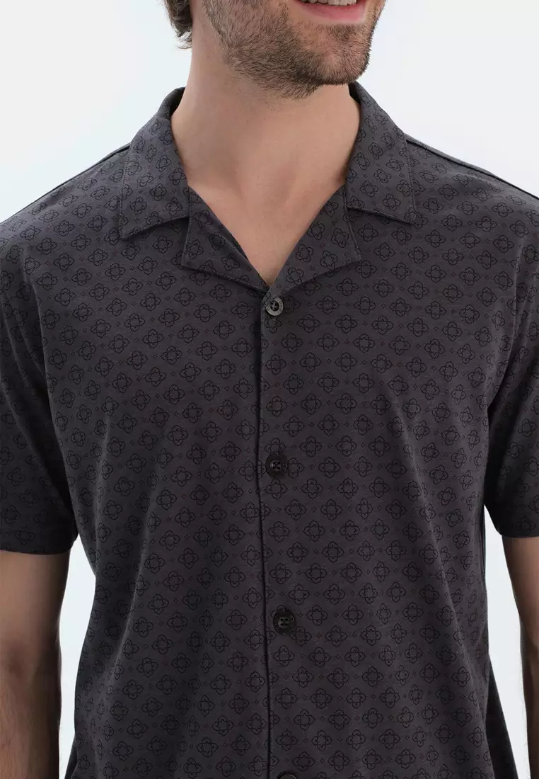 Anthracite Shirt & Trousers, Geometric Print, Shirt Collar, Short Sleeve Sleepwear for Men