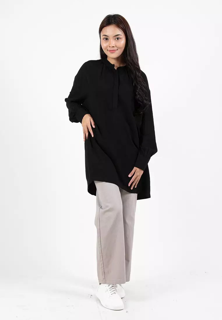 Forest Ladies Linen Oversized Band Collar Plain Blouse Women Long Sleeve Tunic | Baju Perempuan - 822391-01Black