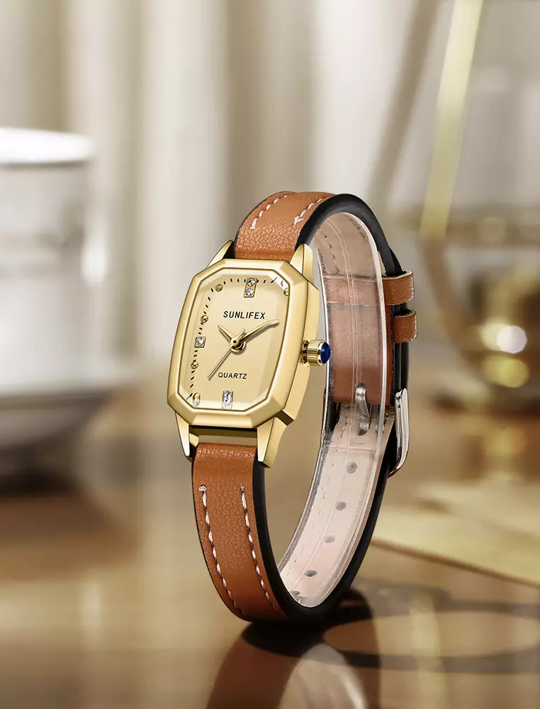 Jam Tangan Wanita Mode Tali Kulit Gaya retro Korea Berlian Jam Tangan Cewek brown white