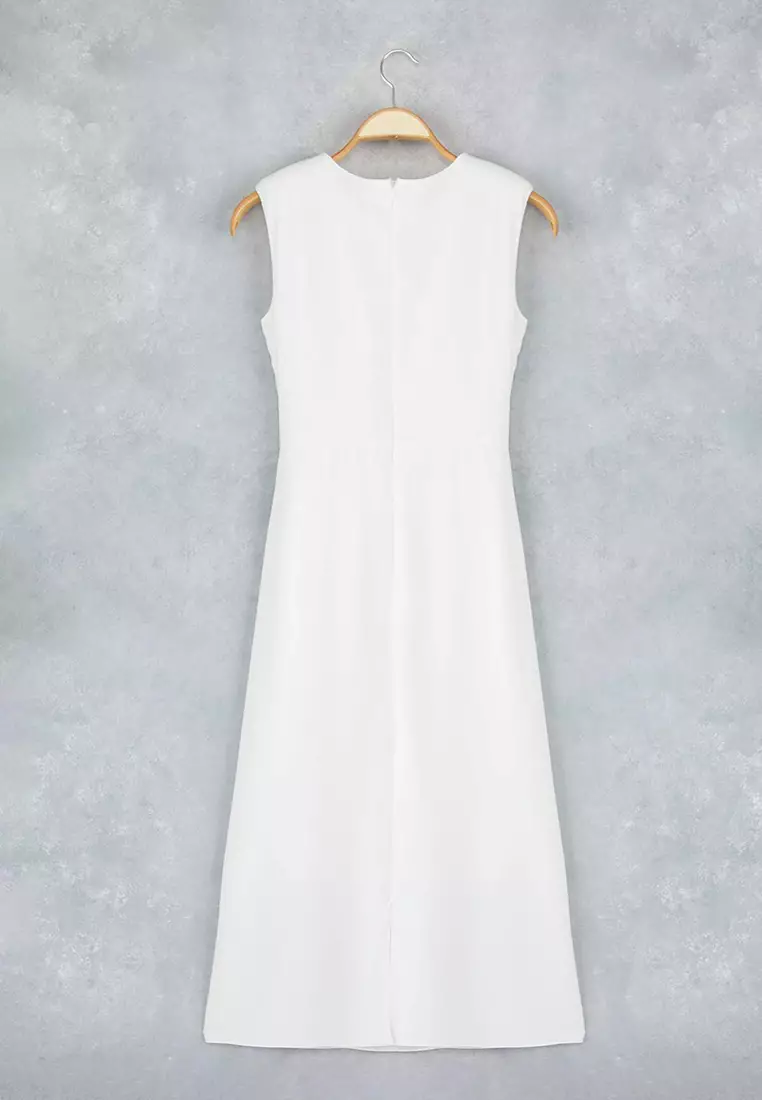 White Straight Body Wrap Lined Midi Dress