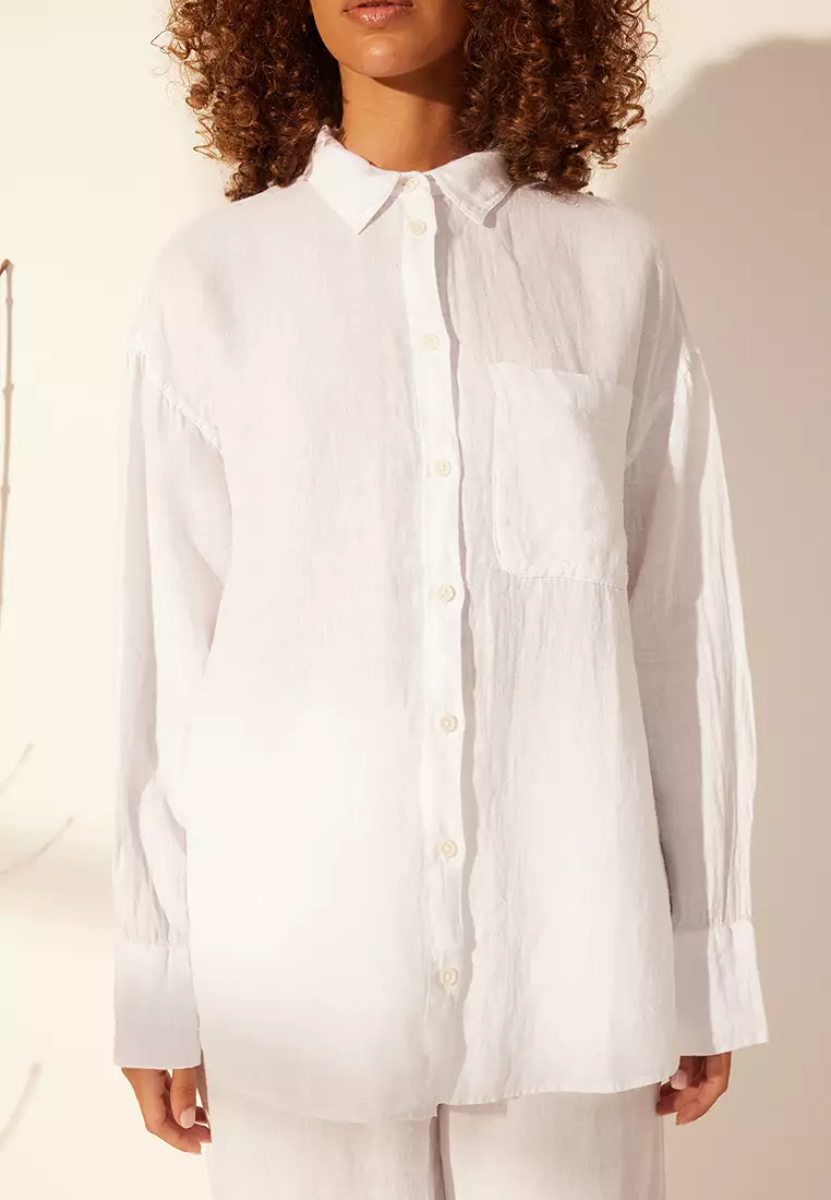 White 1% Linen Pocket Detailed Oversized Shirt Twoss26Go39