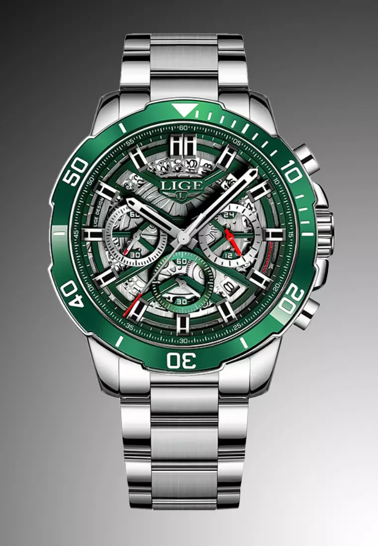 Chronograph Unisex Stainless Steel Quartz Watch, 45mm, Green Bezel, Skeleton dial on Steel Bracelet