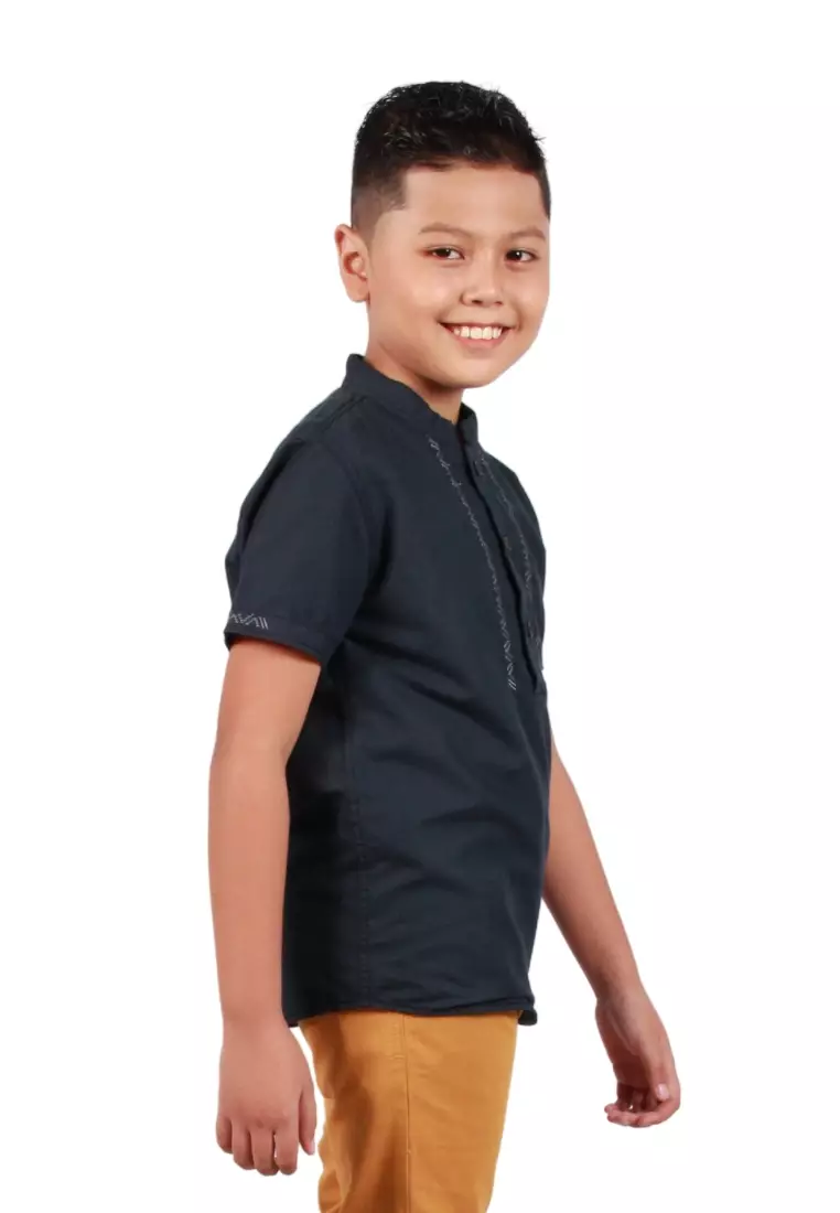 Azlan NC Blue Navy, Kemeja Muslin Anak Lengan Pendek