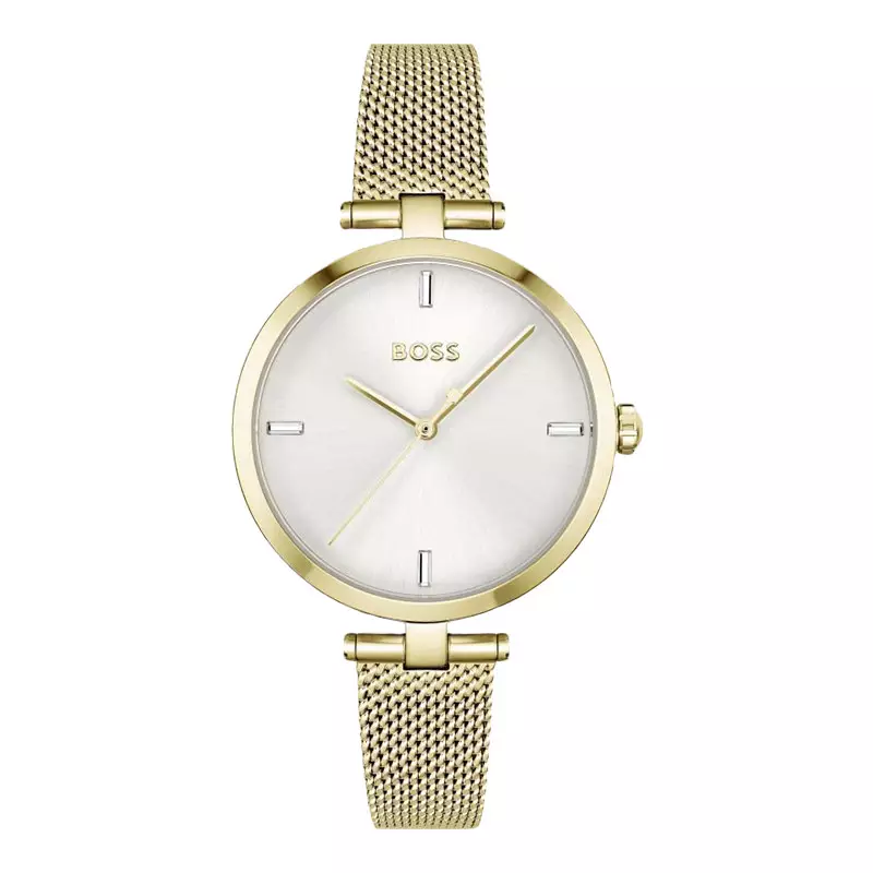 Jam Tangan Wanita Hugo Boss Majesty 1502586 Ladies Silver Dial Gold Mesh Strap