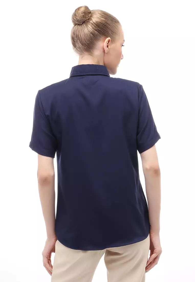 Shirt Atasan Wanita Lengan Pendek Detail Saku Motif Polos Design Simple - Navy