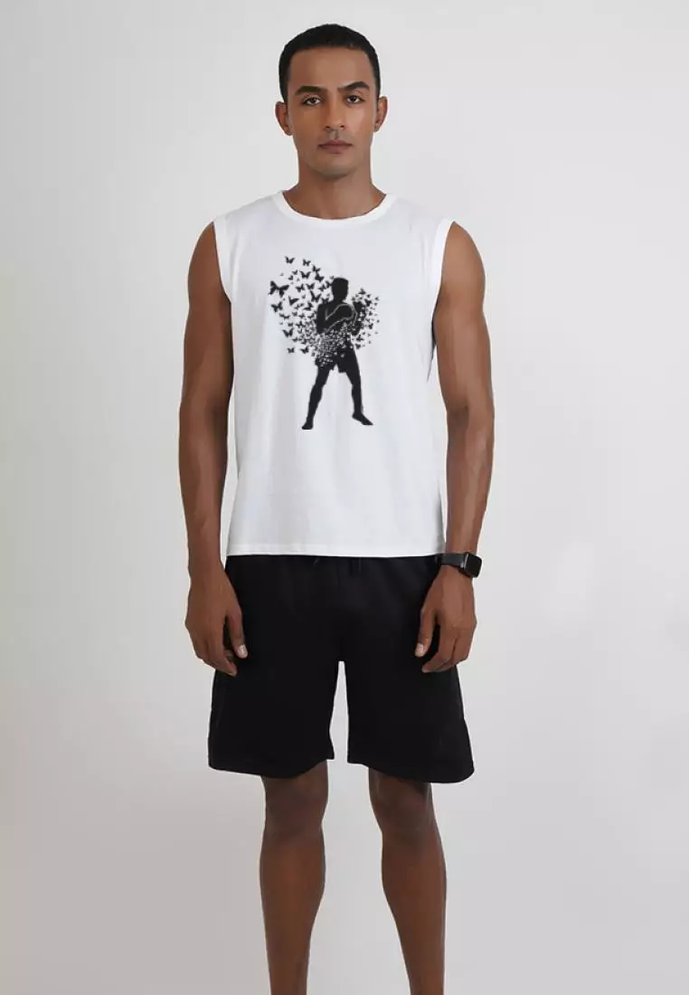Boxing Print Graphic White Cotton Sleeveless Workout/Training Tank