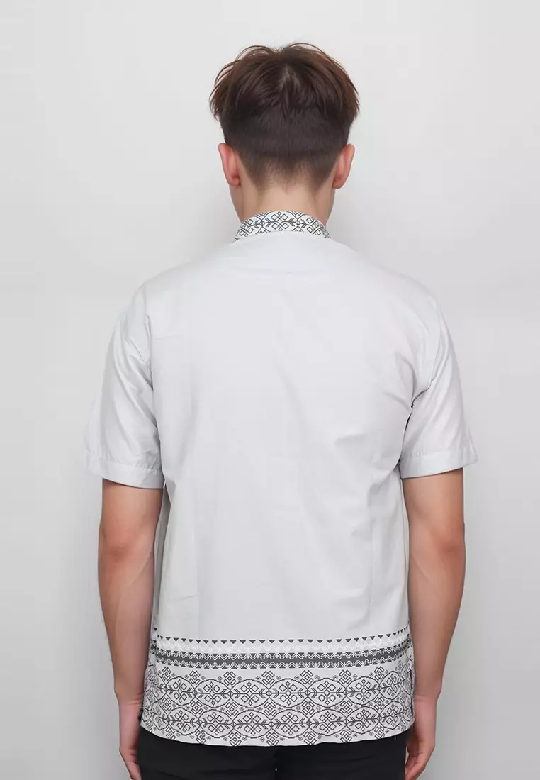 Crocodile KOKO 1080 Grey - Katun Lengan Pendek Corak Tradisional Kemeja - Relax Fit