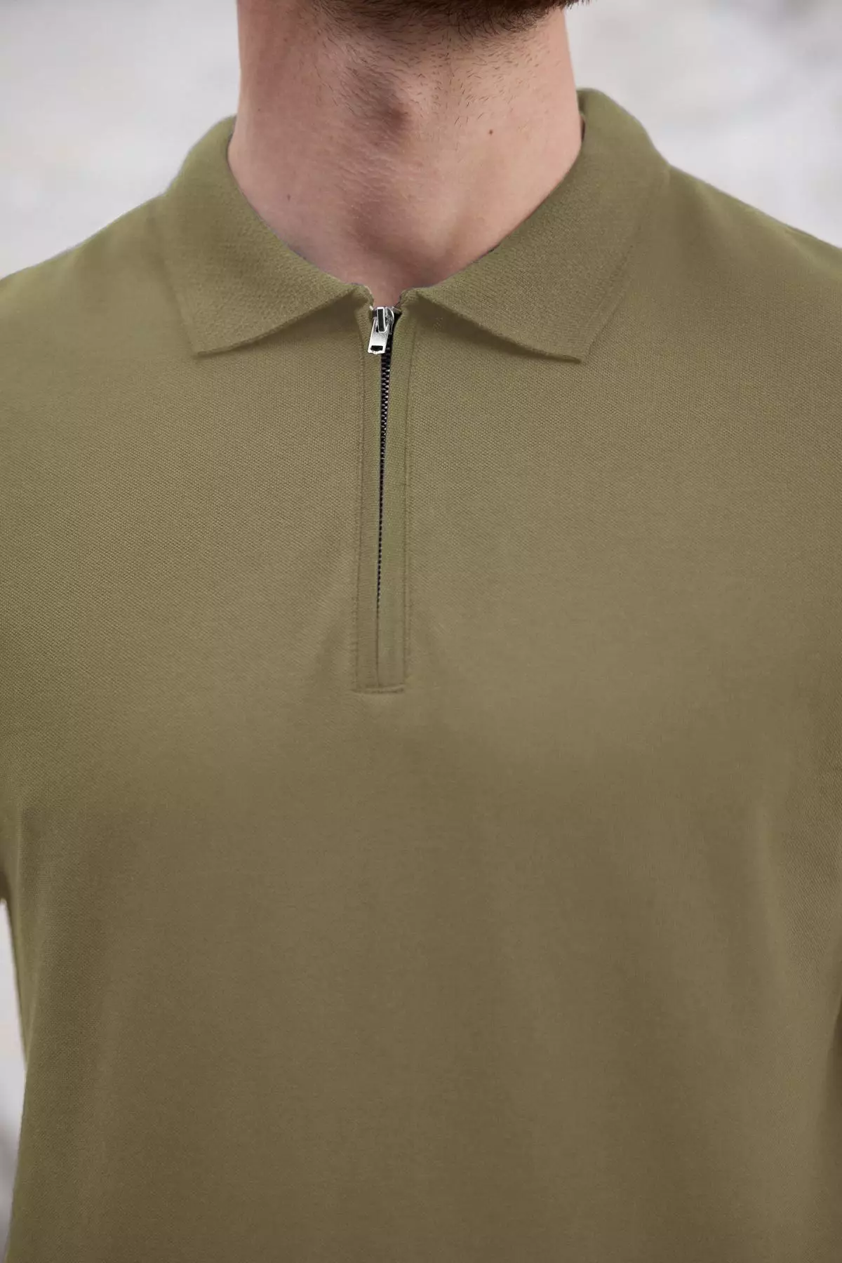Khaki Regular/Normal Cut Zippered 100% Cotton Polo Neck T-Shirt