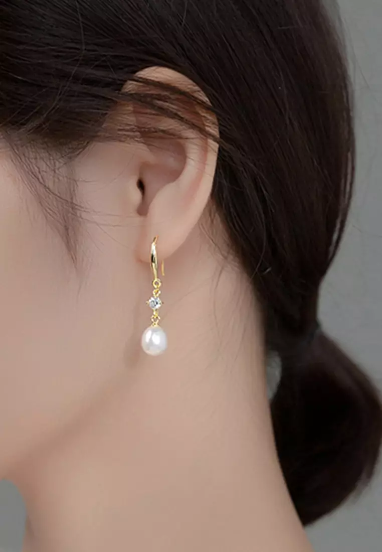 925 Silver Plated Gold Zircon Drop Freshwater Pearl Earrings JW AR-G9857