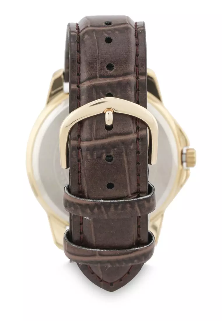 Casio Jam Tangan Pria Brown Gold Leather Strap MTP-V004GL-9A