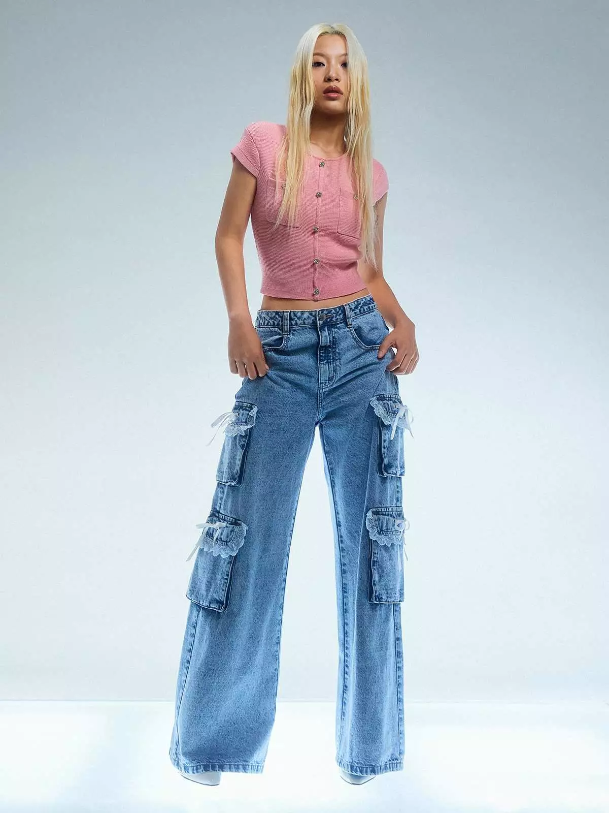 Knitted Crop Button Top - Light Pink