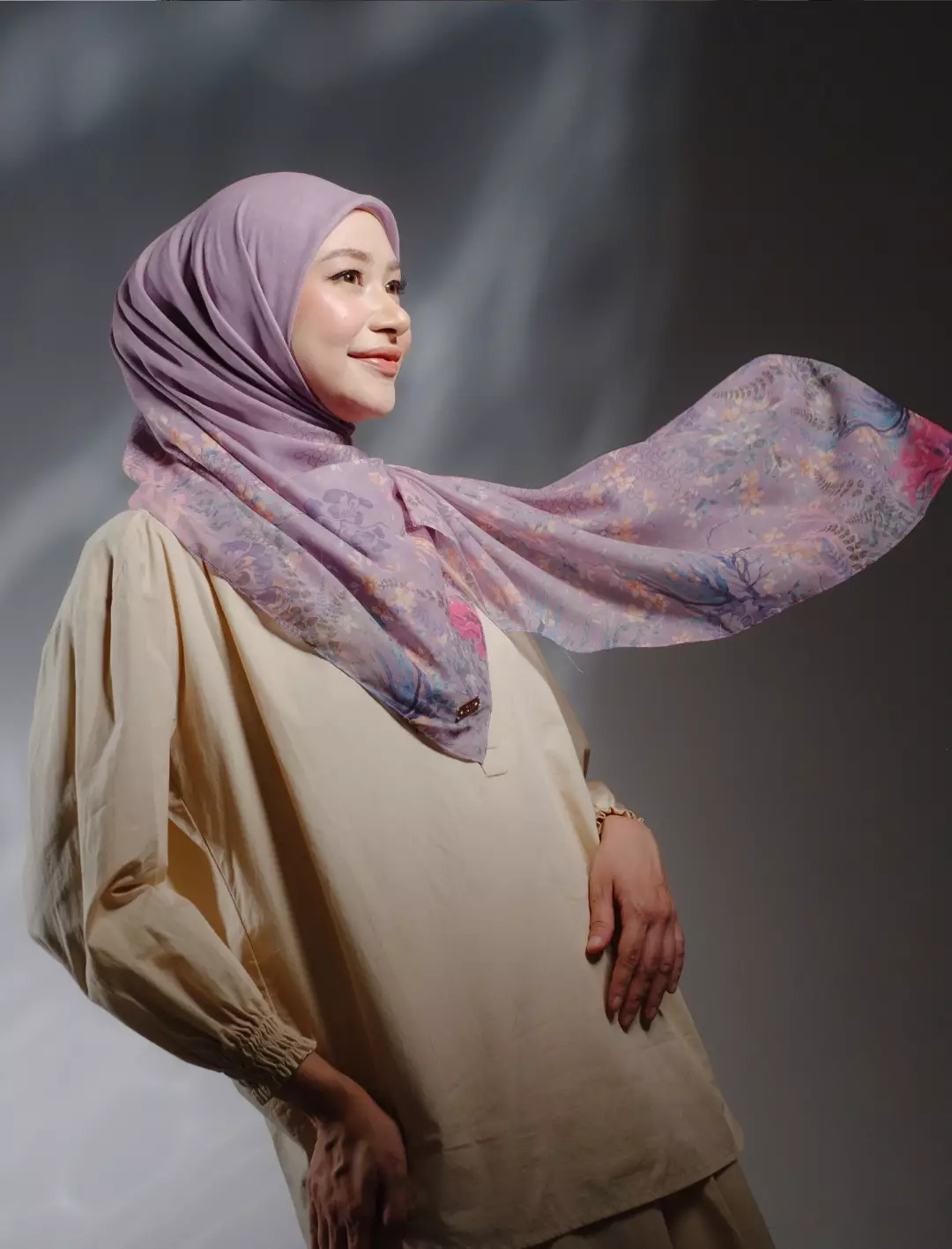 MARINA Scarf Lavender - Kerudung Hijab Segiempat Motif With BOX - Bahan Voal Premium - Ukuran 115x115