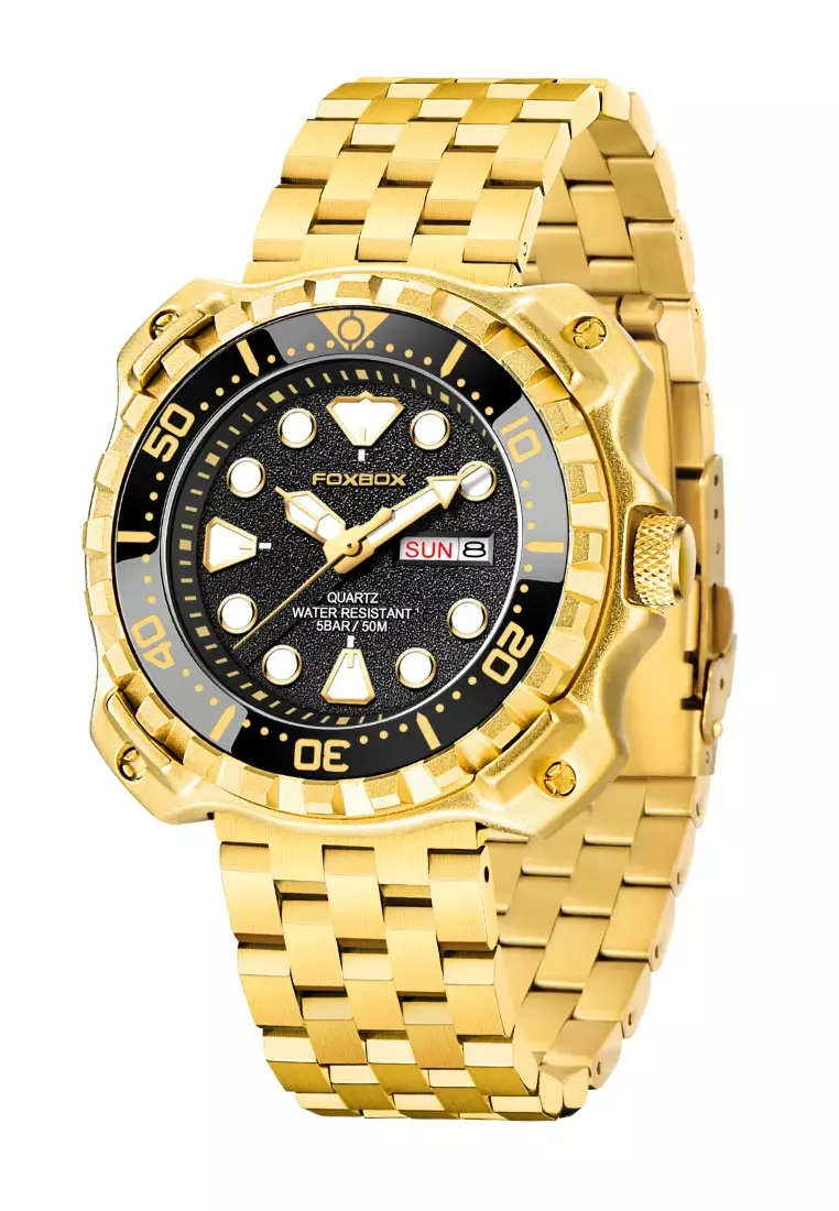 Buy LIGE FOXBOX Unisex IP Gold Stainless Steel Diver's Quartz Watch ...