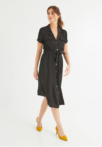 black silky shirt dress