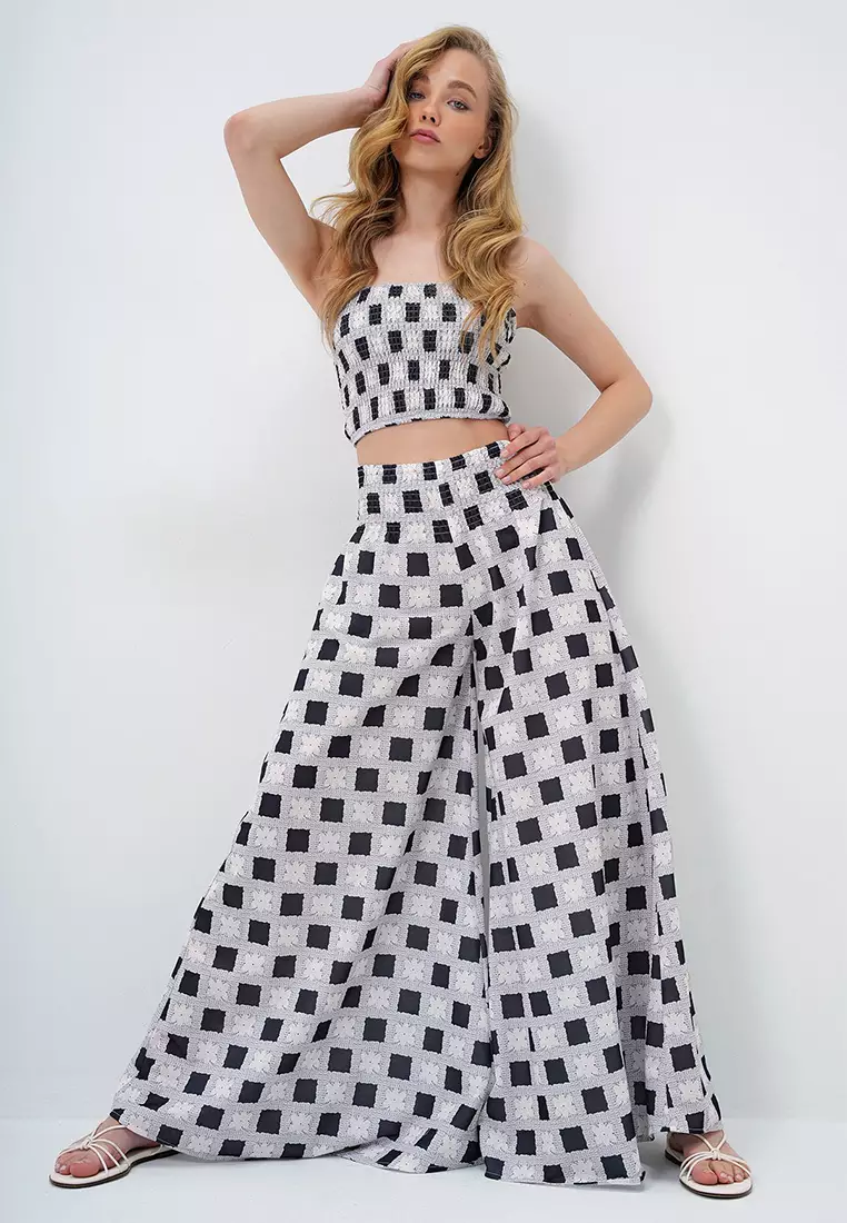 Women's Black Waist Gimped Wide Leg Pants And Gimped Crop Bustier Suit Alc-X14058