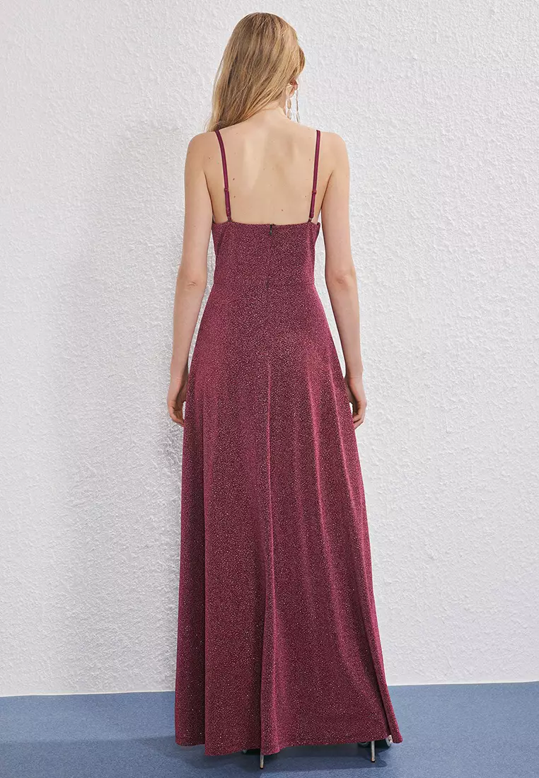 Pink Glittery Waist Opening Glittery Knitted Maxi Evening Night Graduation Dress TPRSS25AE00175