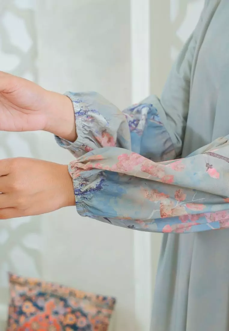 Gamis Lengan Balon Motif Bunga Kekinian Warna Hijau Sage By Brilliant Girl Warna HIJAUSAGE