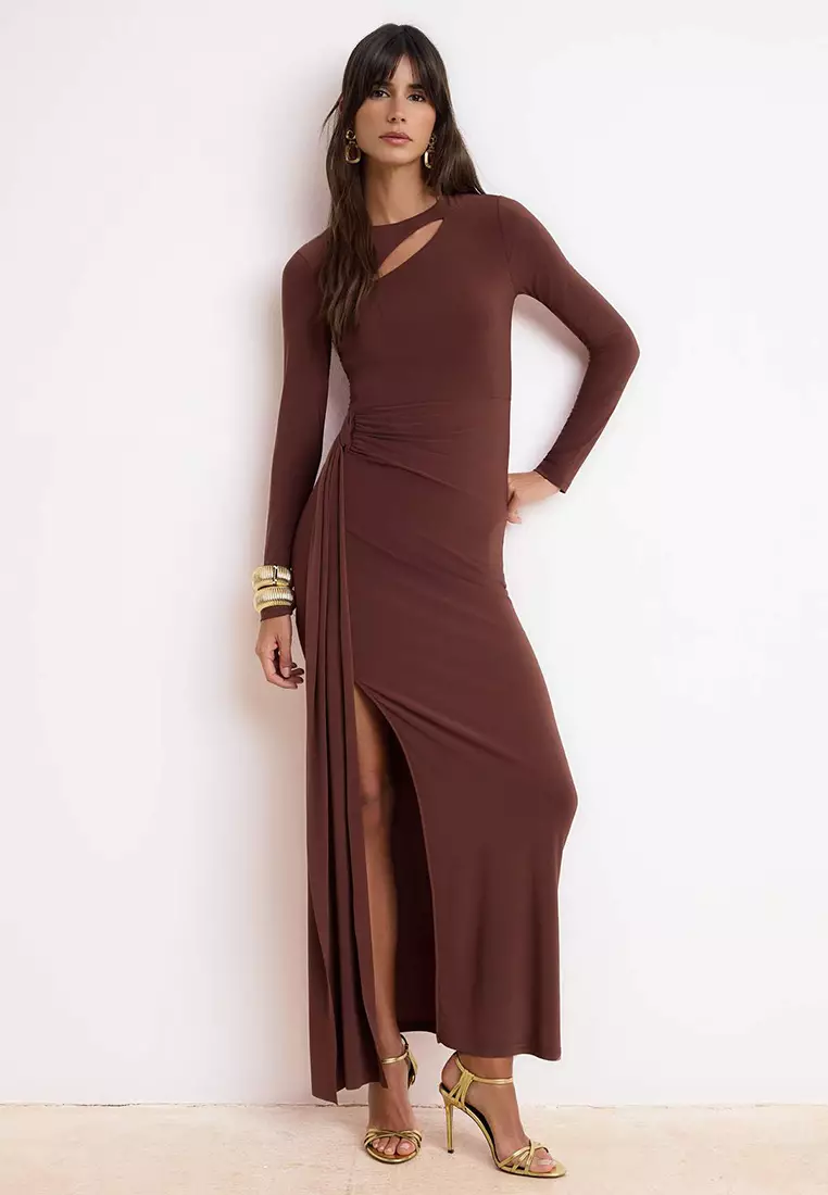 Brown Collar Cut Out Detailed Maxi Evening Dress & Graduation Dress Tprss26Ae2