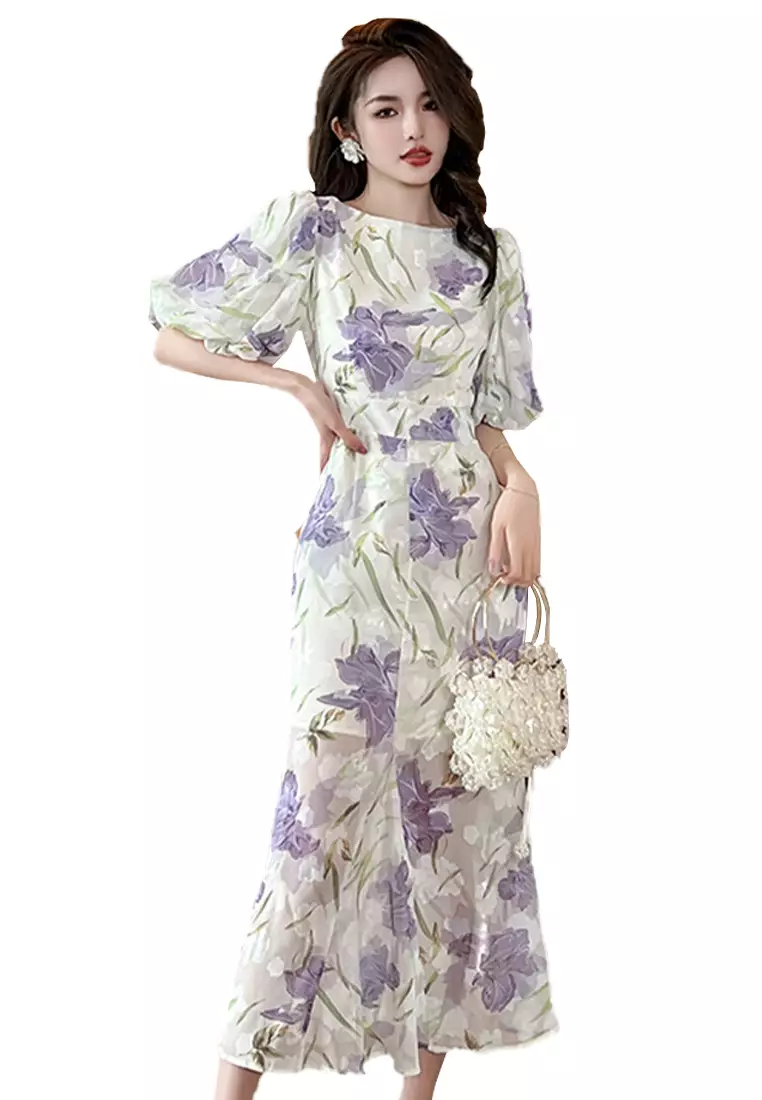 Sunnydaysweety 2025 S/S New summer little fresh air round neck puff sleeve print fishtail dress  CA061512
