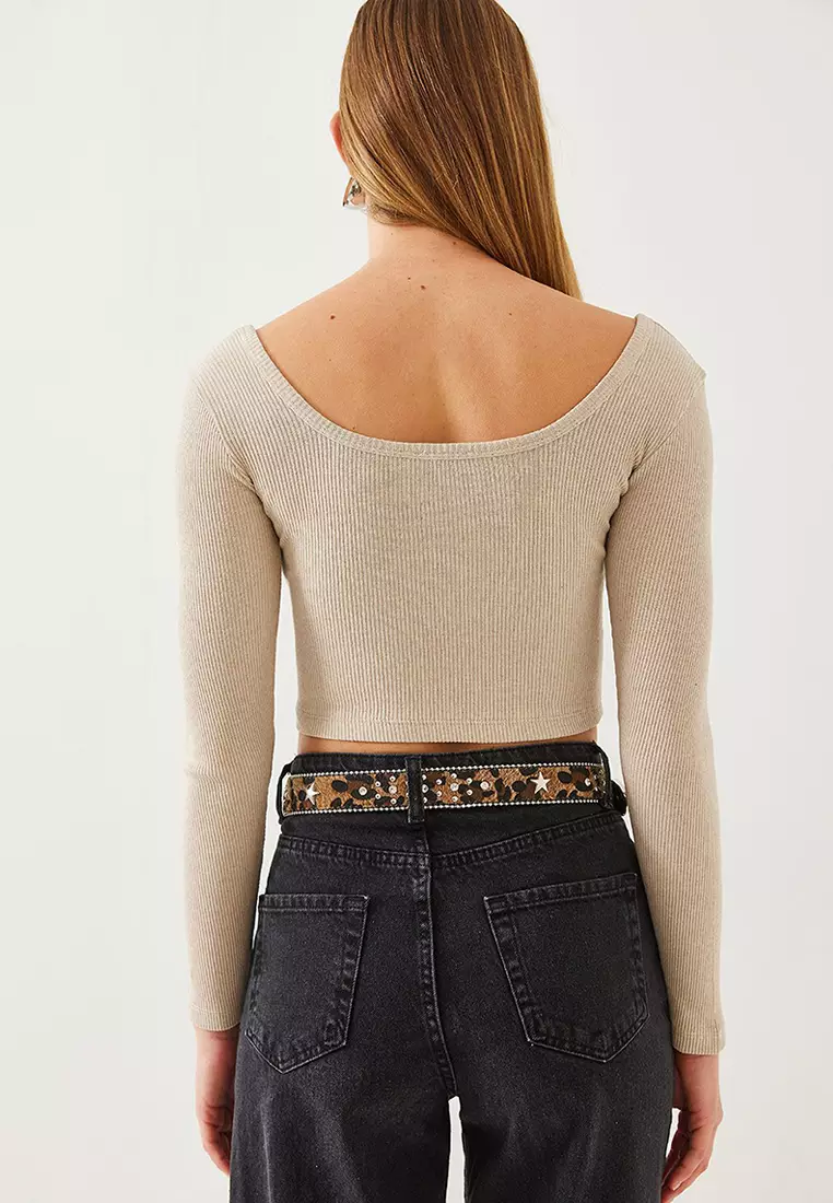 Women's Square Neck Long Sleeve Basic Crop Blouse 2405 60351046