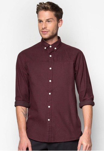 Burgundy Herringbone Stand Coesprit retailllar Long Sleeve Casual Shirt, 服飾, 素色襯衫