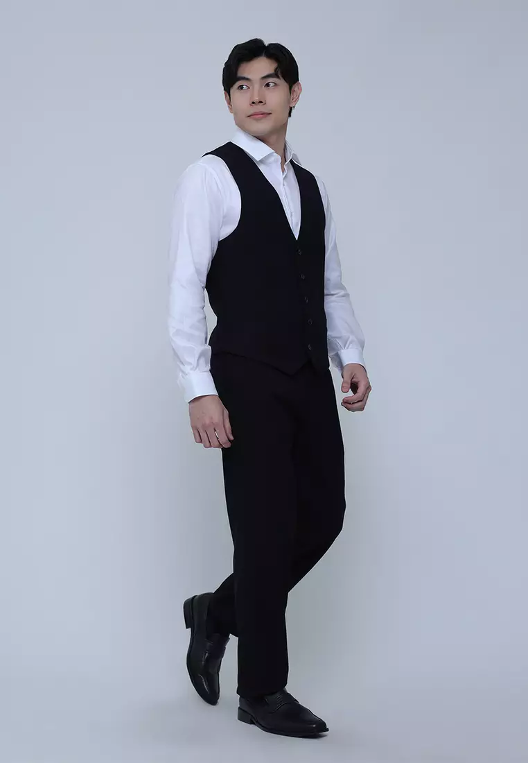 Solid Black Suit Separate Vest with Stretch