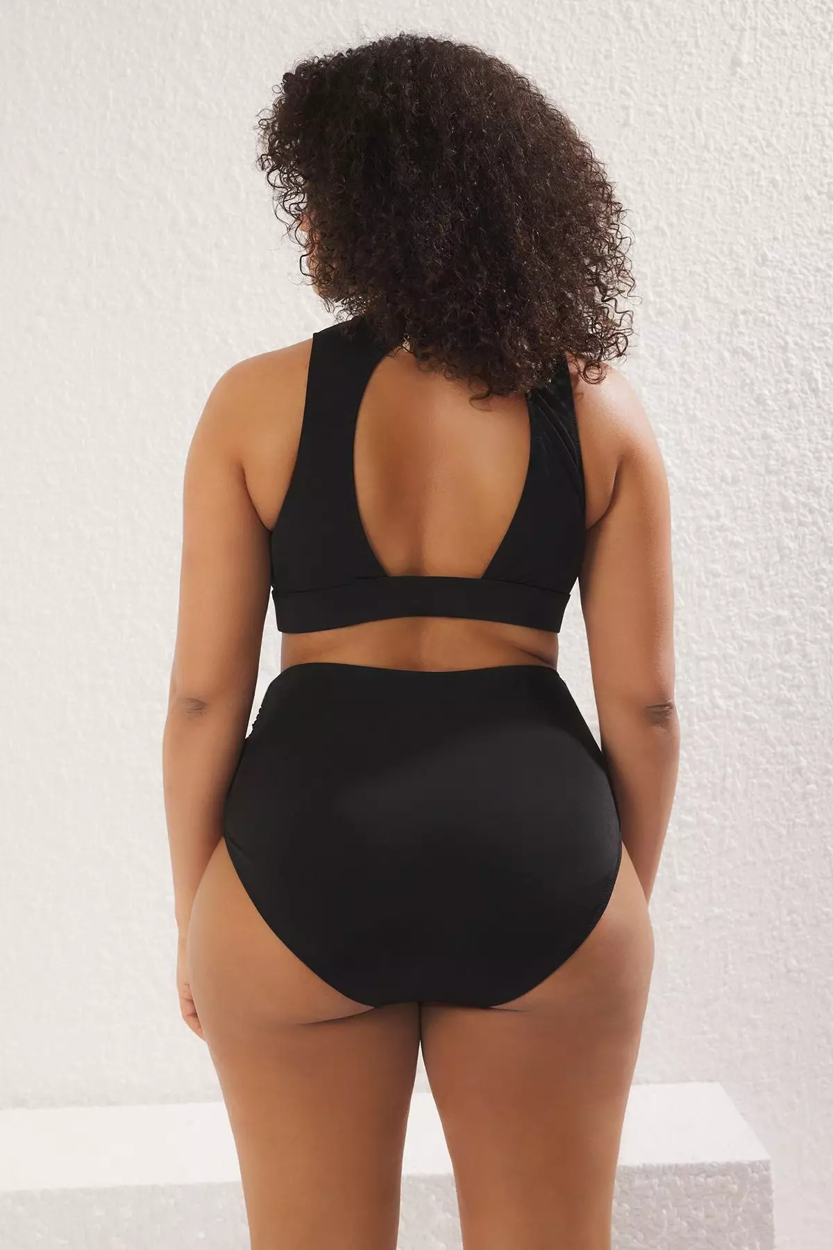 Black Waist Gather Detail High Waist Plus Size Bikini Bottom