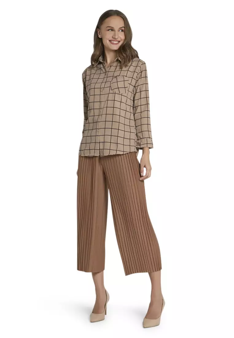 Osvald Blouse Long Sleeve Motif Kotak-Kotak Atasan Baju Wanita Casual - Mocca