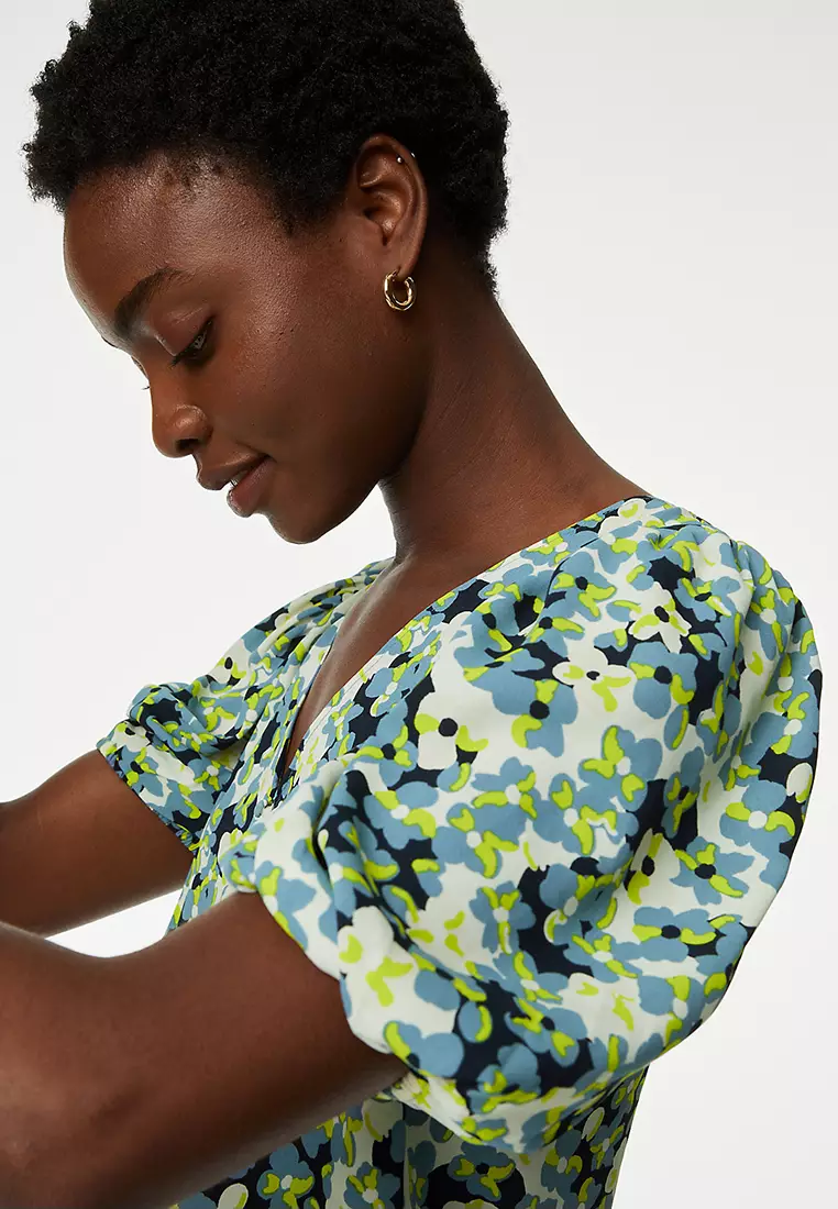 Printed V-Neck Puff Sleeve Blouse