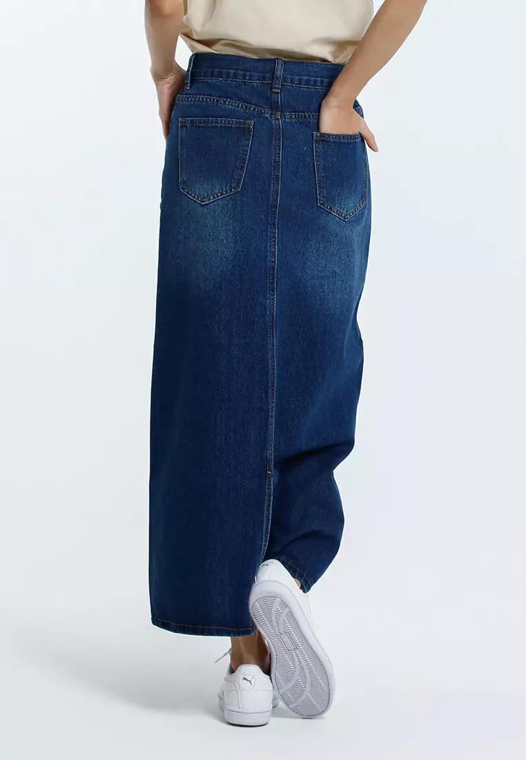Forest Ladies A-Line Denim Skirt Women Long Skirt with Slit - 880014-31Blue