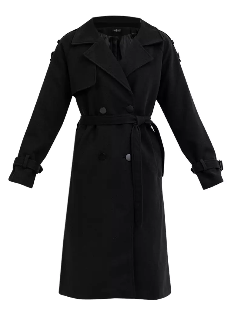 Double Breasted Wool Blend Belted Trench Coat