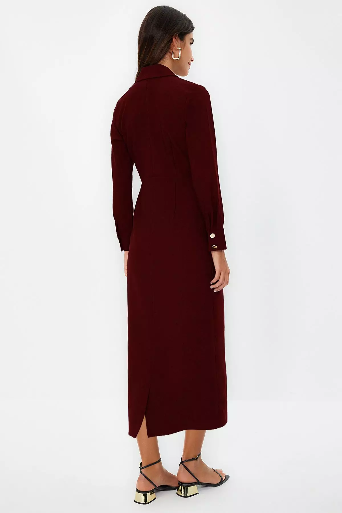 Burgundy Double Breasted Collar With Gold Button Detail Woven Dress Tctss24Eb00020