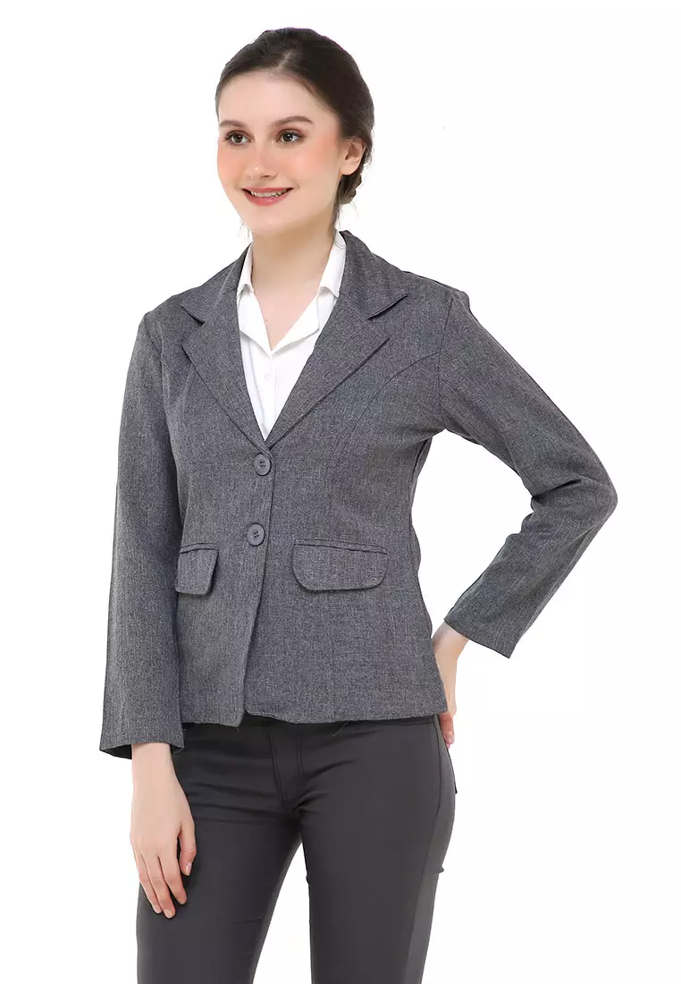 Qemsya Jas Blazer Wanita Two Pockets Two Button Formal Longsleeve Suit Material Polyester ORIGINAL - Gray