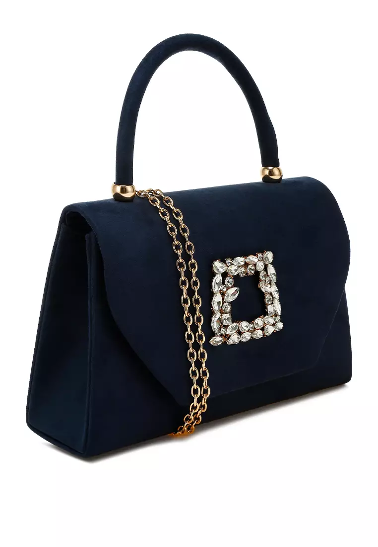 Mini Top Handle Brooch Bag in Navy