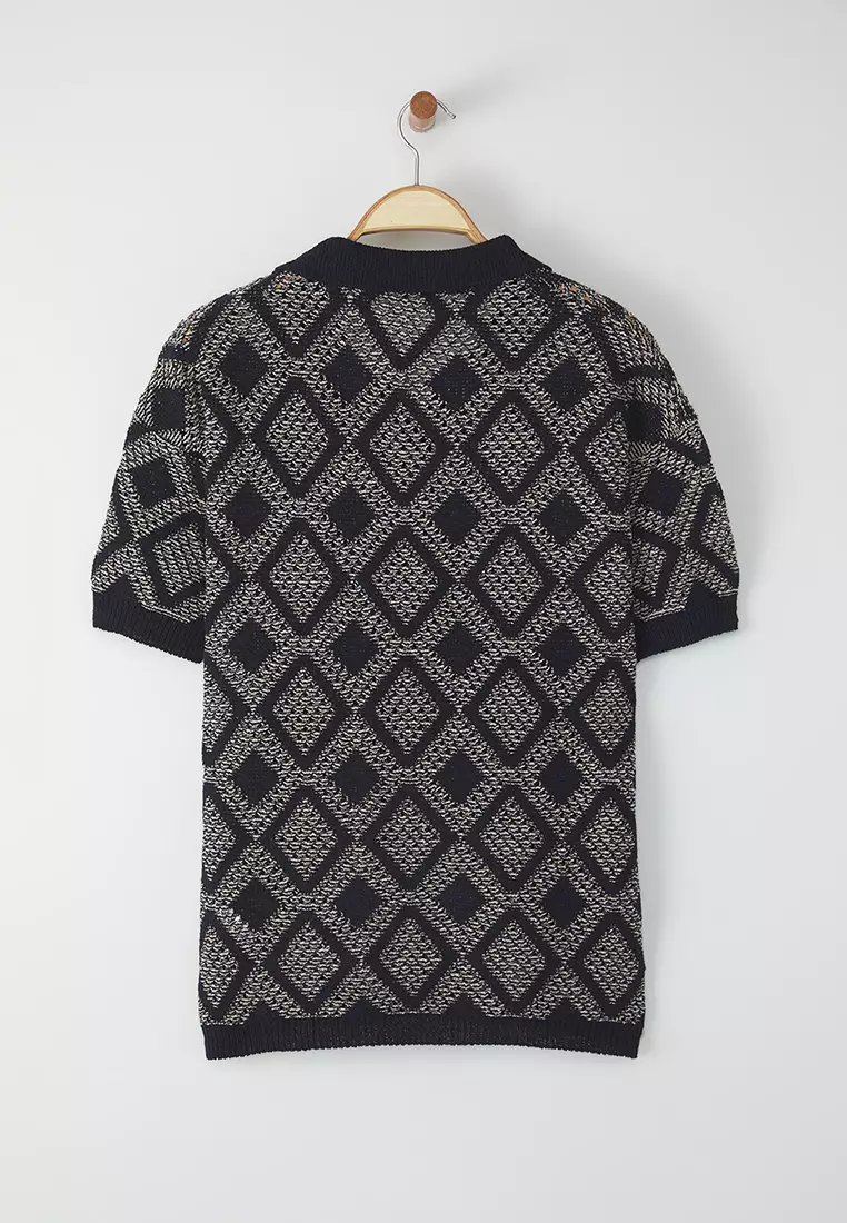 Navy Blue Oversize Fit Openwork Polo Neck Knitwear Tshirt TMNSS25PO00040