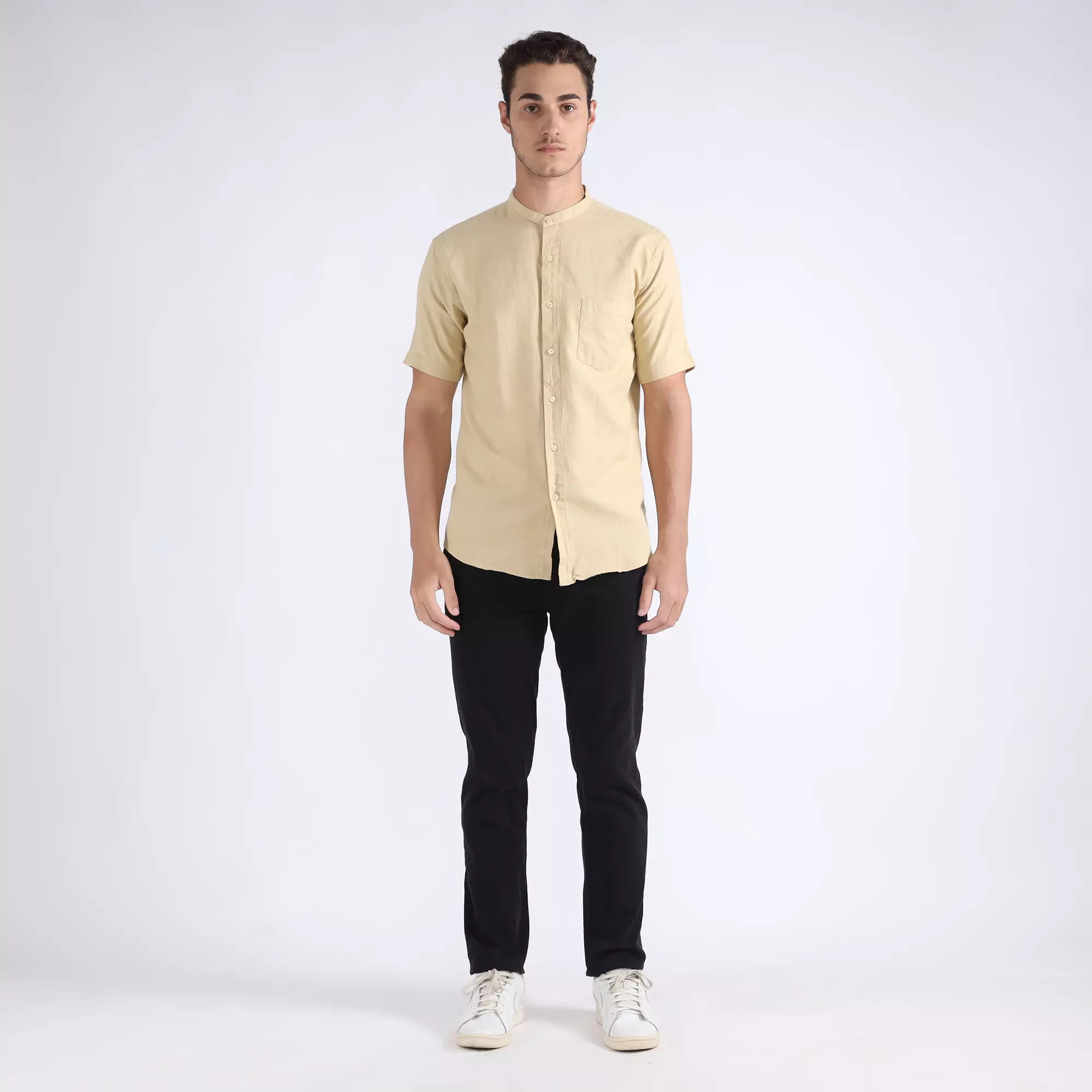 LARUSSO Dawn of Time - Kemeja Koko Collin Rami Lengan Pendek - Khaki