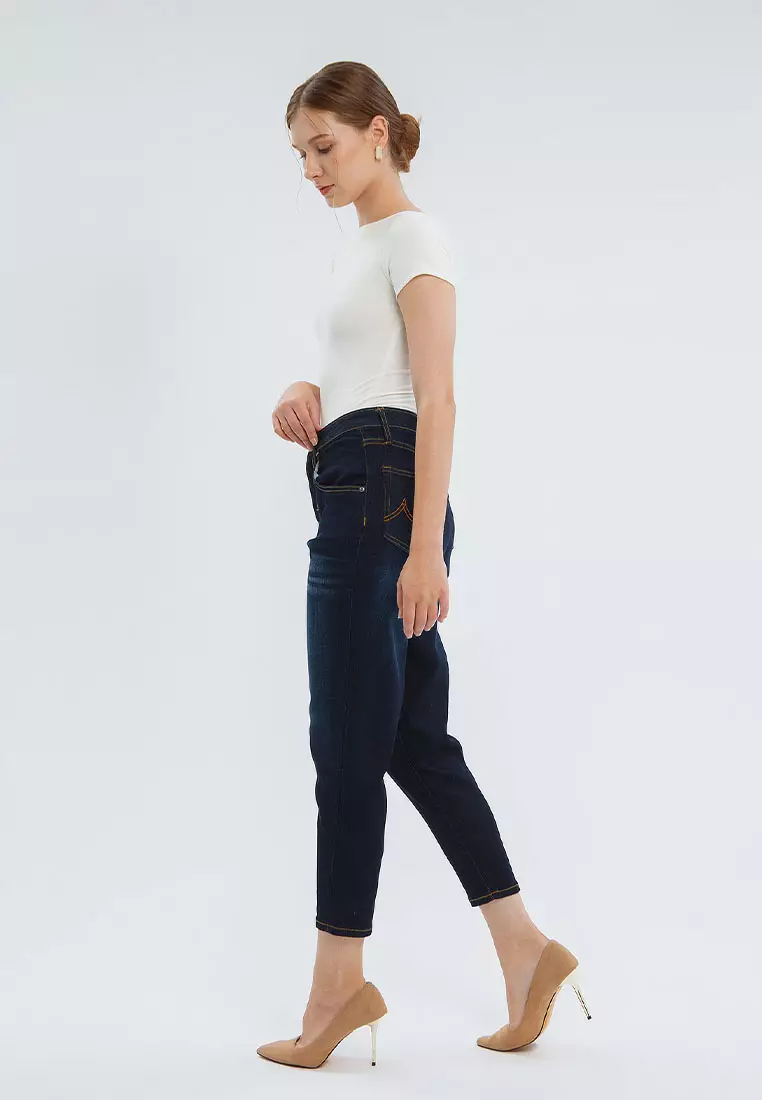 Minimal 305 High waisted Cropped MOM Jeans DARK BLUE Warna DARK BLUE