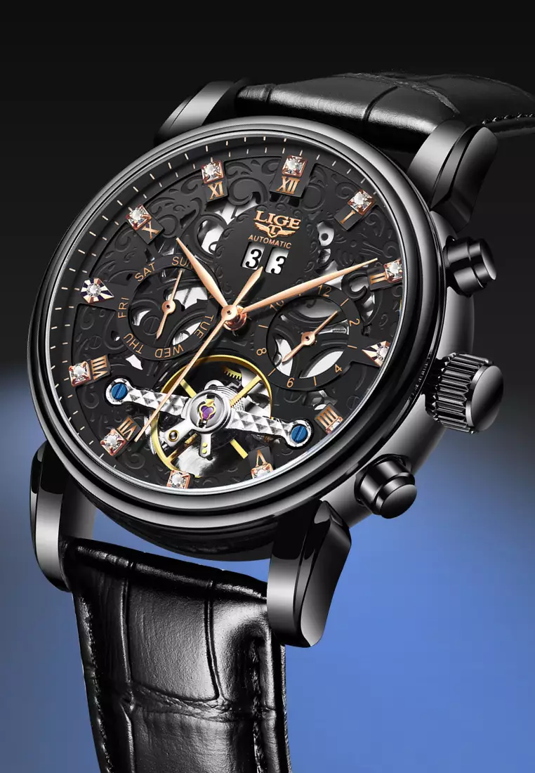 Unisex AUTOMATIC IP Black Stainless Steel Watch 42mm, Black Leather Strap