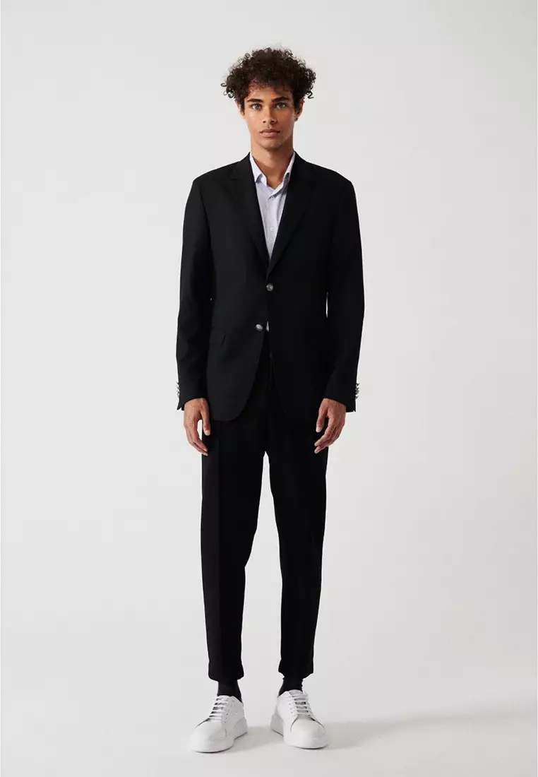 Men's Black Flap Pocket Lined Double Slit Woolen Jacket A32Y4029