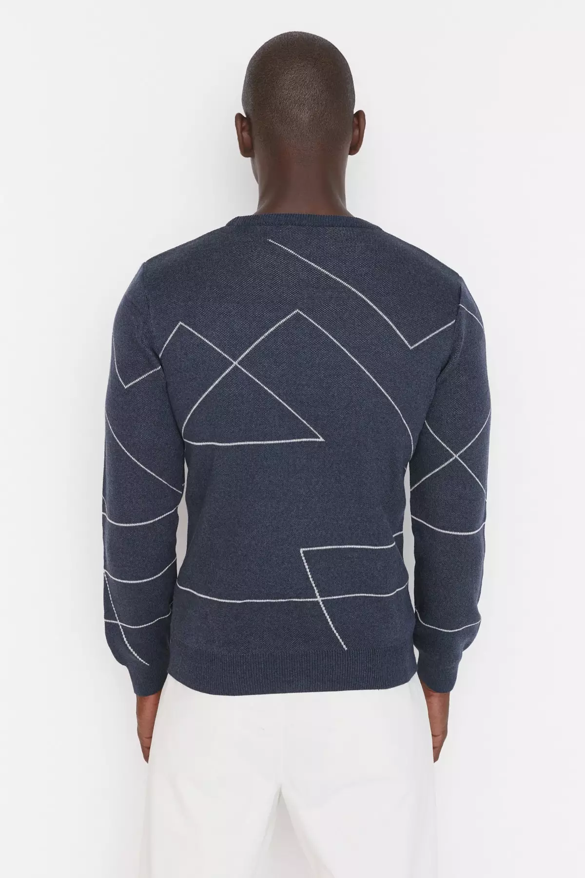 Blue Men's Slim Fit Crew Neck Stripe Patterned Knitwear Sweater