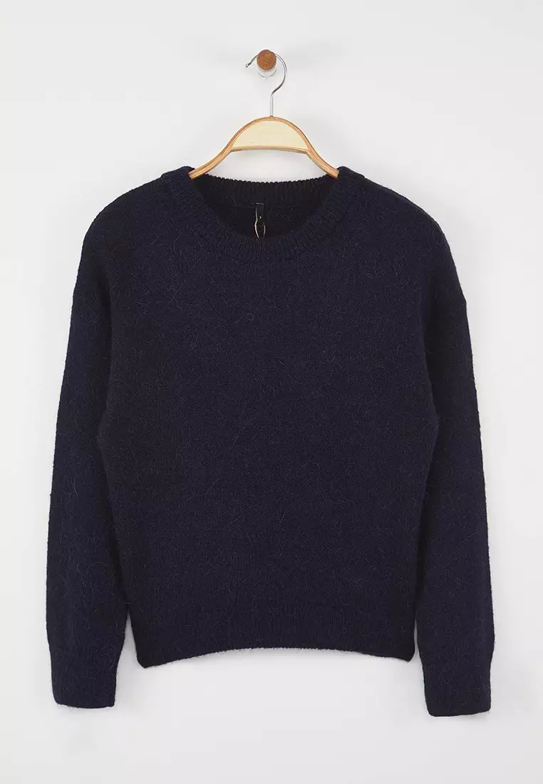 Navy Blue Alpaca Wool Blended Wide Fit Premium Yarn Knitwear Sweater